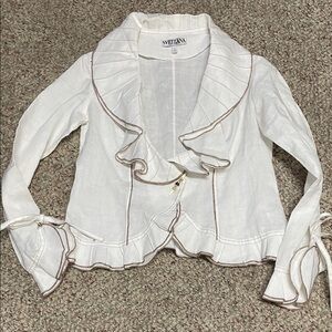 Women's 100% ramie White Ruffled accent tie sleeve cuff blazer - new